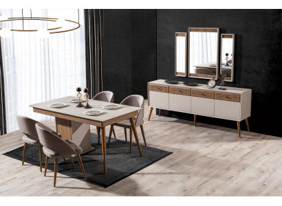 Design 9-Deeler Iesszëmmer Set Iessdësch an 4x Still Buffetschaf mat 3x Spigel