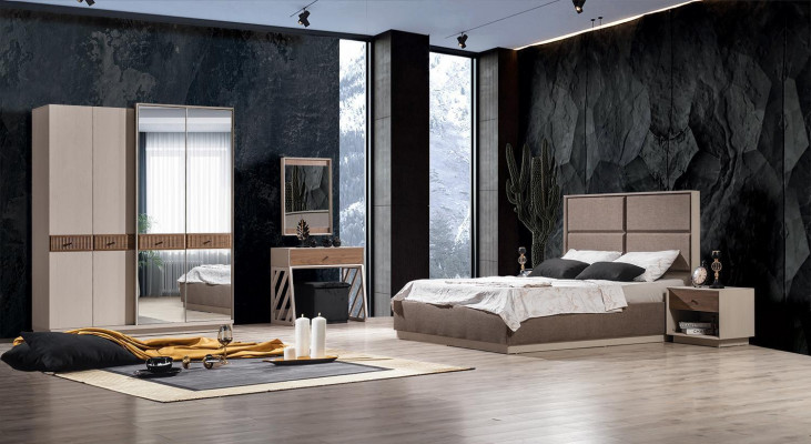 Schlofzëmmer Set Luxus Bett an Nuetsdësch Kleederschaf 3tlg Miwwelen