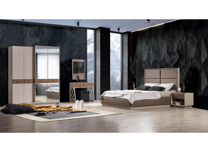Schlofzëmmer Set Luxus Bett an Nuetsdësch Kleederschaf 3tlg Miwwelen
