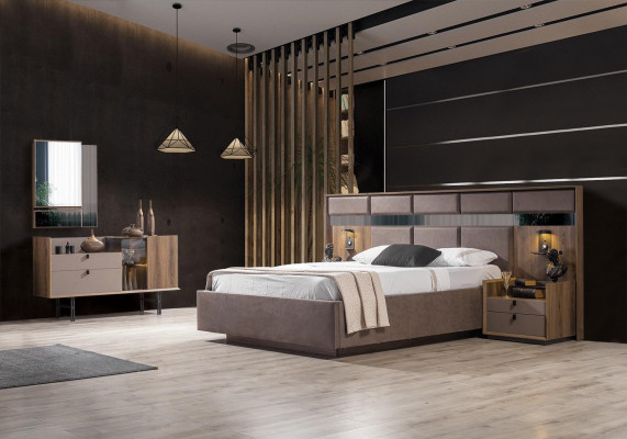 Modern Schlofzëmmer Set Perfekt Bett 2x Nuetsdëscher an Make-up Dësch