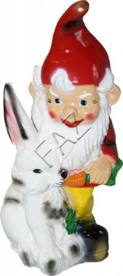 Design Zwerg mat Kanéngchen Figur Gaart Statu Skulptur Figuren Skulpturen Nei