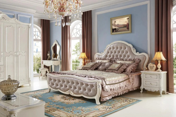 Klassescht Chesterfield-Schlofzëmmer-Set aus Holz mat Lieder-Elementer