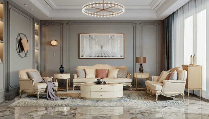 Dräisëtzer, Zwäisëtzer, Eenzel-Sëtz Set inklusiv Kaffisdësch an 2 Niewendëscher Wunnlandschaft Sofa Couch 6 Deeler.