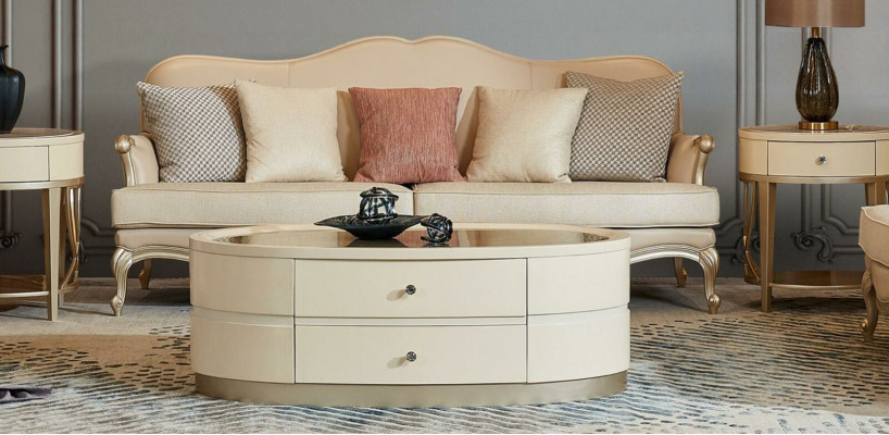Dräisëtzer, Zwäisëtzer, Eenzel-Sëtz Set inklusiv Kaffisdësch an 2 Niewendëscher Wunnlandschaft Sofa Couch 6 Deeler.
