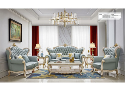 6-teiliege Set (Sofagarnitur 3+2+1 Sëtzplazen + Couchtisch + 2x Niewendëscht Massivholz)