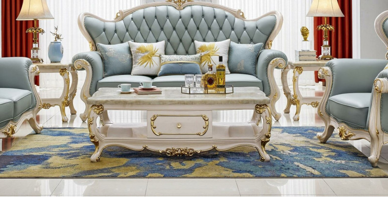 6-teiliege Set (Sofagarnitur 3+2+1 Sëtzplazen + Couchtisch + 2x Niewendëscht Massivholz)