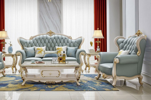 6-teiliege Set (Sofagarnitur 3+2+1 Sëtzplazen + Couchtisch + 2x Niewendëscht Massivholz)