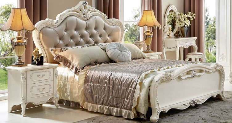 Bett Nuetsdësch 3tlg. Schlofzëmmer Set Miwwelen Chesterfield Barock Massivholz