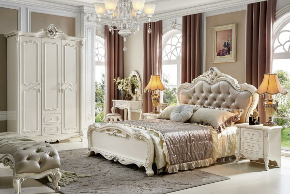 Bett Nuetsdësch 3tlg. Schlofzëmmer Set Miwwelen Chesterfield Barock Massivholz