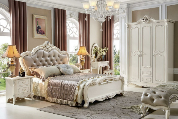 Bett Nuetsdësch 3tlg. Schlofzëmmer Set Miwwelen Chesterfield Barock Massivholz
