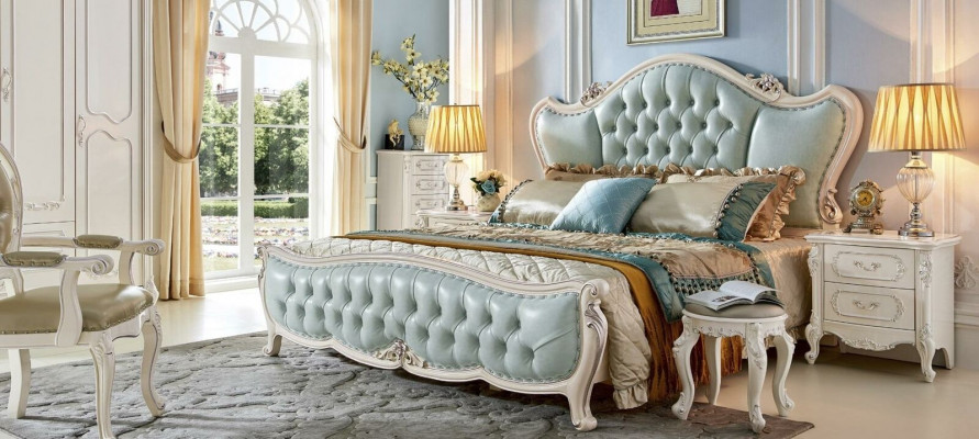 Klassesch Designer Barock Schlofzëmmer Set Bett 2x Nuetsdësch 3 Stéck. Massivholz