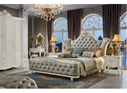 Design-Schlofzëmmer-Set 6 Stéck Barock-Bett Nuetsschränk Kleederschaf Massivholz