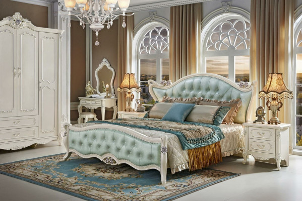 Design Schlofzëmmer Set 6-tlg. Barock Bett Nuetsdësch Schaf Massivholz