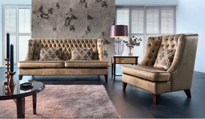 Sofagarnitur Sofa Garnitur 3 Sëtzer Fauteuil Chesterfield Modern Stoff Brong 3tlg