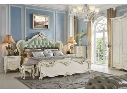 Schlofzëmmer Set aus 6 Deeler: Kommode, Bett, Schminktisch, Barock Massivholz.