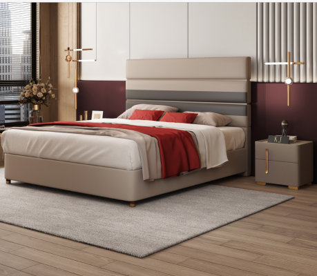 Lieder Leder Bett Hotel Luxus Designer Duebel Ehe Schlofzëmmer Beige.