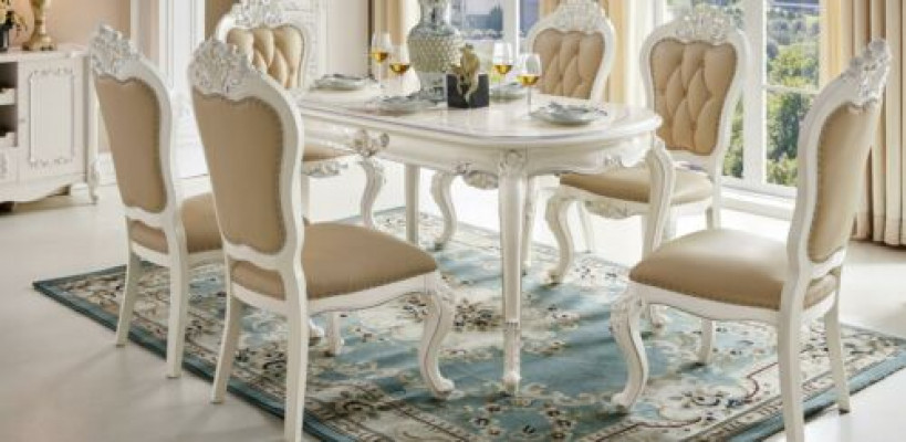 Klassescht Iesszëmmer Set Designer Dësch x4 Chesterfield Still Iessgrupp Klassesch Massivholz