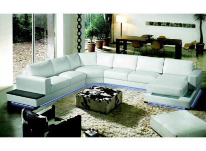 Grouss Ledersofa Couch Sëtz Polster Eck Garnitur Wunnlandschaft mat Beliichtung