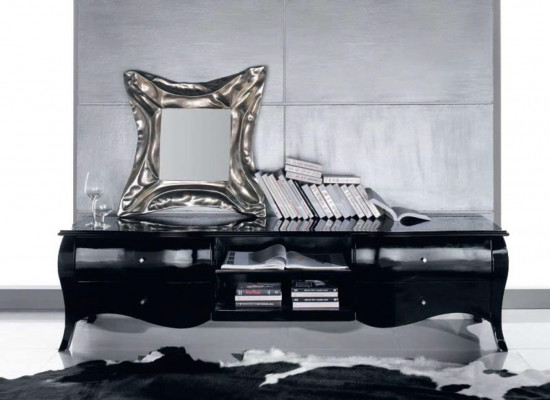 TV-Ständer, Sideboard, RTV-Lowboard, Regaler, Wunnzëmmer, Holz, Schwaarz, Kommode, Dëscher.