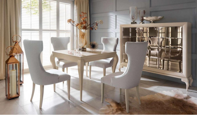 Iesszëmmer Iessdësch Stull Iessgrupp Iessplaz Still Luxus Wäiss Kommod Set 6tlg