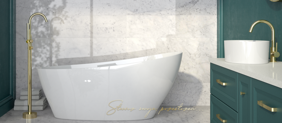 Exklusiv fräistehend Badewanne Acryl Wan Dusch Buedzëmmer Oflaaf Deko Design