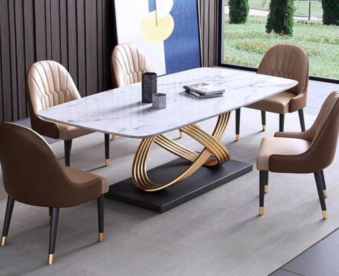Luxus Dësch Metall Iessdësch Mega Design Dëscher Edelstol Marmer Imitatioun Iessdësch