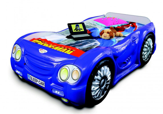 Rallysauto Bett mat Matratz Kannerbett Autobett Kannerzëmmer Blo