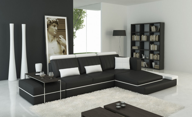 Modern Eckcouch fir d'Wunnzëmmer, gepolstert Eck Ledercouch Set an L-Form.
