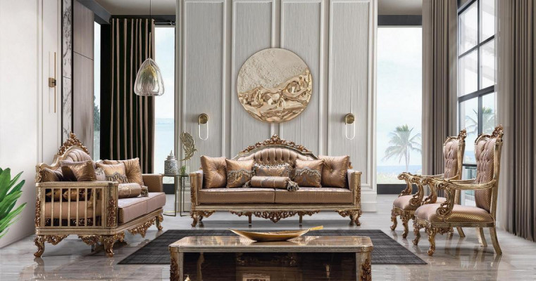 Sofa Set 3+1 Sëtzer Gold Couchtisch Sofagarnitur Wunnzëmmer Luxus Nei