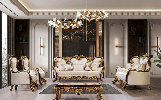 Kinnekslecht Sofa Set 3+1 Sëtz Sofa Fautteuil Klassesch Design Luxus Wunnzëmmer.