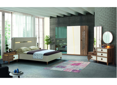 Schlofkummer Set Bett 2x Nuetsdëscher 5tlg Design Textil Holz Kleederschaf