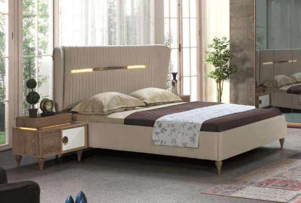Schlofkummer Set Bett 2x Nuetsdëscher 5tlg Design Textil Holz Kleederschaf