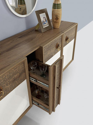 Iesszëmmer-Set Dësch 4x Stull Anrichte Set Garnitur Design Holz Textil