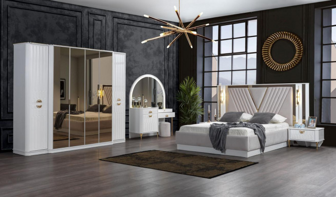 Schlofkummer Set Bett 2x Nuetsdëscher Kleederschaf 5tlg.Modern nei