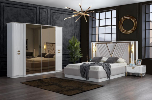 Schlofkummer Set Bett 2x Nuetsdëscher Kleederschaf 5tlg.Modern nei