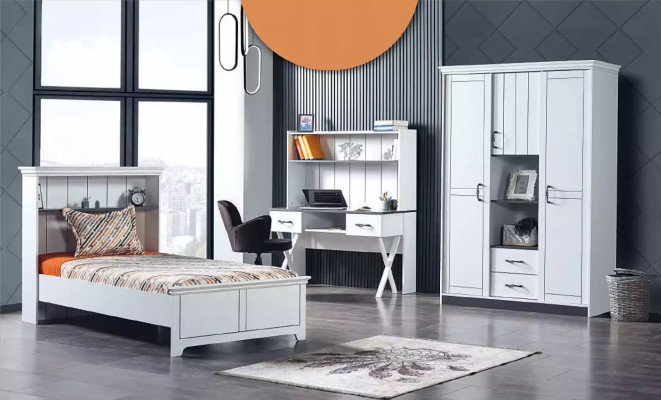 Kannerzëmmer Schlofzëmmer Komplett Set Bett Schreifdësch Kleederschaf 3 Deeler.