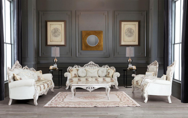 Barock wäiss Sofagarnitur Couch Sofa Polstermooscht Sessel Dësch 5tlg.
