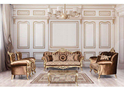 Gëllene Samt Couch Set Chesterfield Sofagarnitur Sofa Miwwelen Holz 5 Stécker