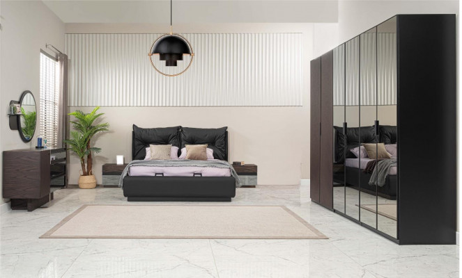 Duebelbett Garnitur Schlofzëmmer Bett Nuetsdëscher Schwaarz Set 6tlg