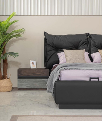 Duebelbett Garnitur Schlofzëmmer Bett Nuetsdëscher Schwaarz Set 6tlg