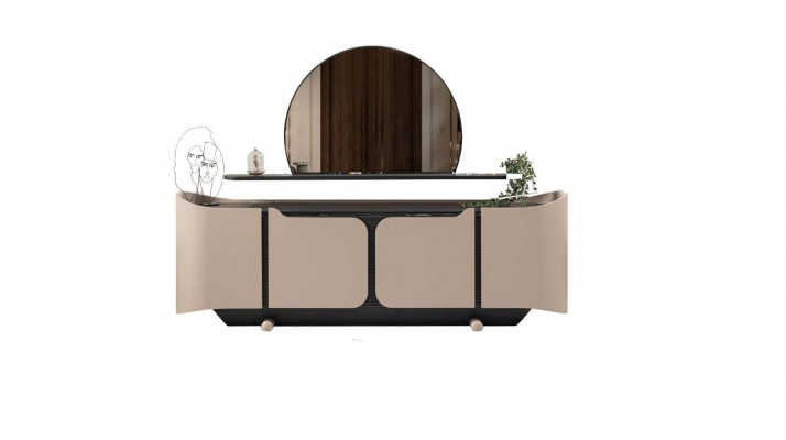 Buffet Anrichte Kommode mat Spigel Schaf Holz Beige Modern Set