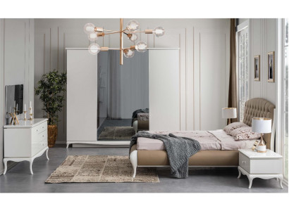 Duebelbett Garnitur Bettgestell Komplett Schlofzëmmer Bett 6tlg Wäiss