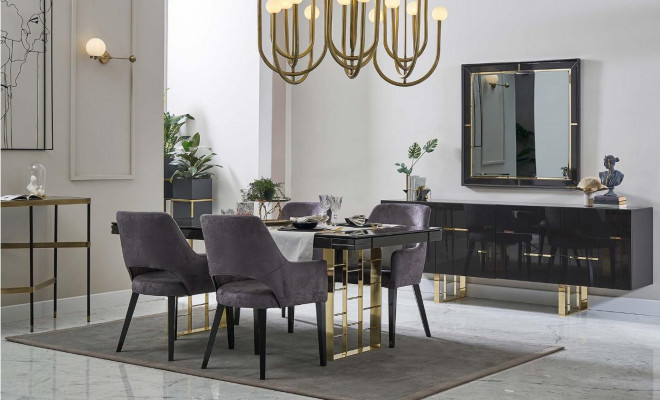 Luxus Iess-Eck Iesszëmmer Iessgrupp Iesszëmmermiwwelen Set 9 Deeler Holz Schwaarz