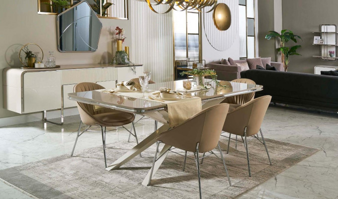 Iessegrupp Esszëmmermiwwelen Holz Iessdësch Iesseck Beige Esszëmmer 9-Teileg