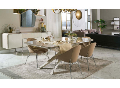 Moderne Iessgrupp Holz Iessdësch Iesseck Beige Iesszëmmer 7tlg Still