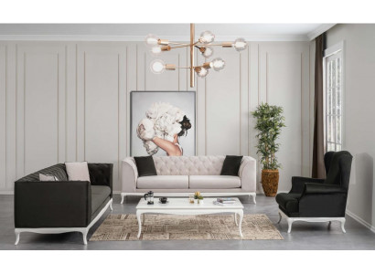 Chesterfield Komplett Stoffcouch Sofa Polster Sofas Set 4-Stéck Schwarz