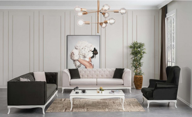 Komplett Chesterfield Canapé Polstersofa Set 3 Stéck Stoffsofa Schwaarz