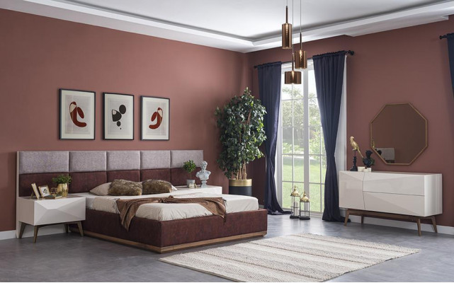 Modern Schlofzëmmermiwwelen Komplett Ariichtung Design Bett 2x Nuetsdëscher