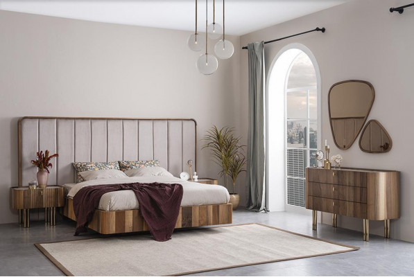 Schlofzëmmer Set Duebel Bet Modern 2x Nuetsdëscher Luxus Kommode mat Spigel