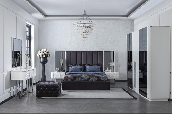 Schlofkmmer 6tlg Bett 2x Nuetsdëscher Luxus Kleederschaf Design Schminktisch